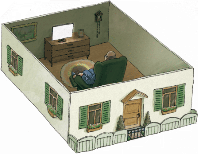 Zeichnung: Alter Mann sitzt in seinem Haus alleine vor dem Fernseher