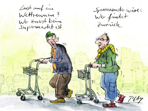Cartoon mit zwei Senioren mit Rollatoren
